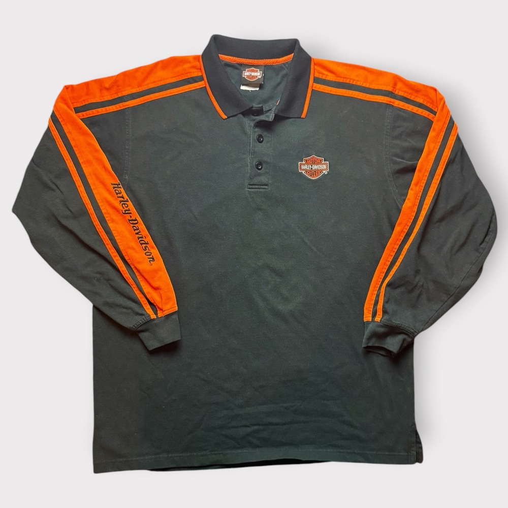 Vintage Harley-Davidson Mens Black Orange Cape Cod Long Sleeve Polo Shirt XL
